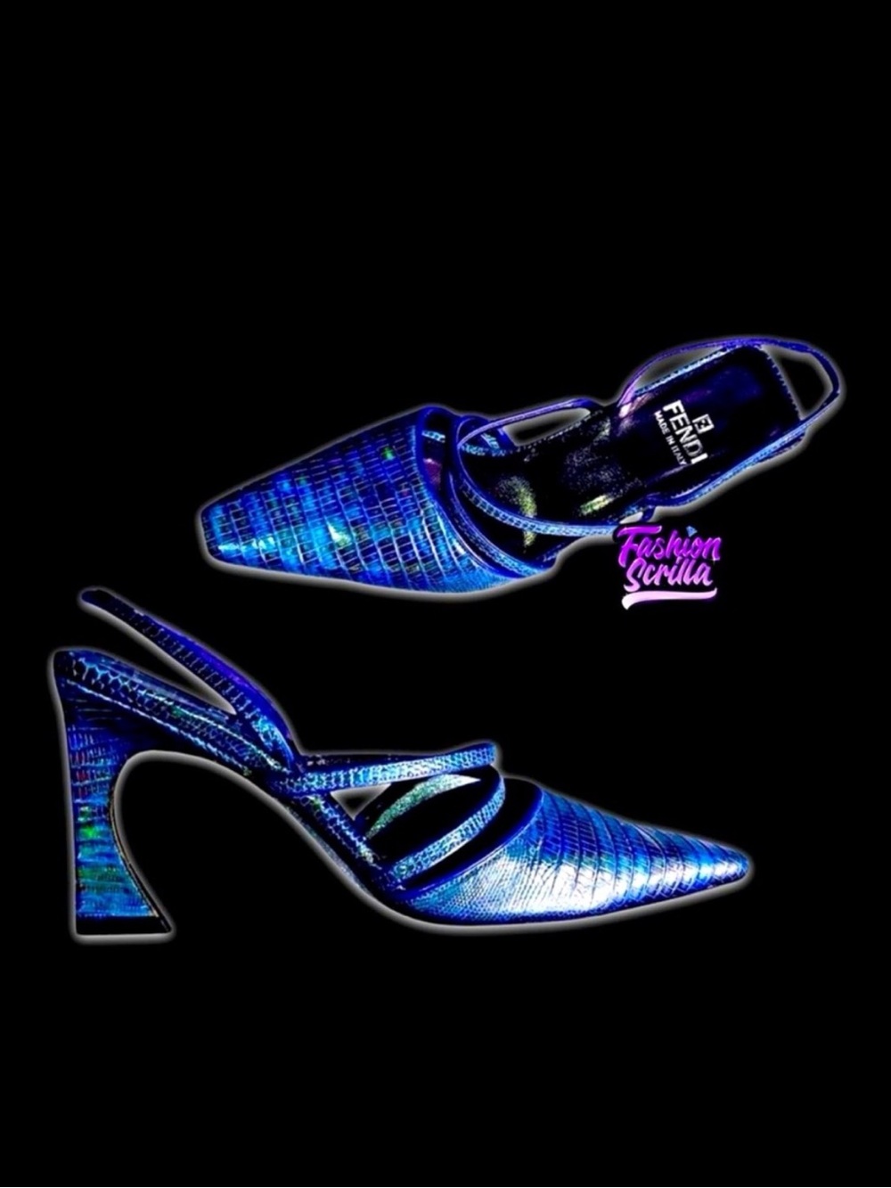 Fendi Python Design Leather Y2K Rainbow Blue Iridescent Sling Back Heels
